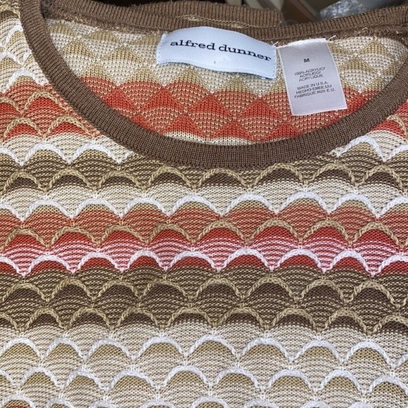 Alfred Dunner Knit Top Crochet Going Native Scalloped Brown Cream Rust Size M - Picture 9 of 10